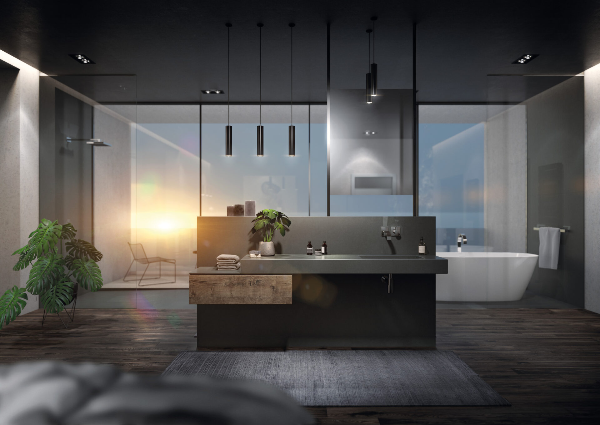 Modernes Badezimmer mit großer Glasfront bei Sonnenaufgang