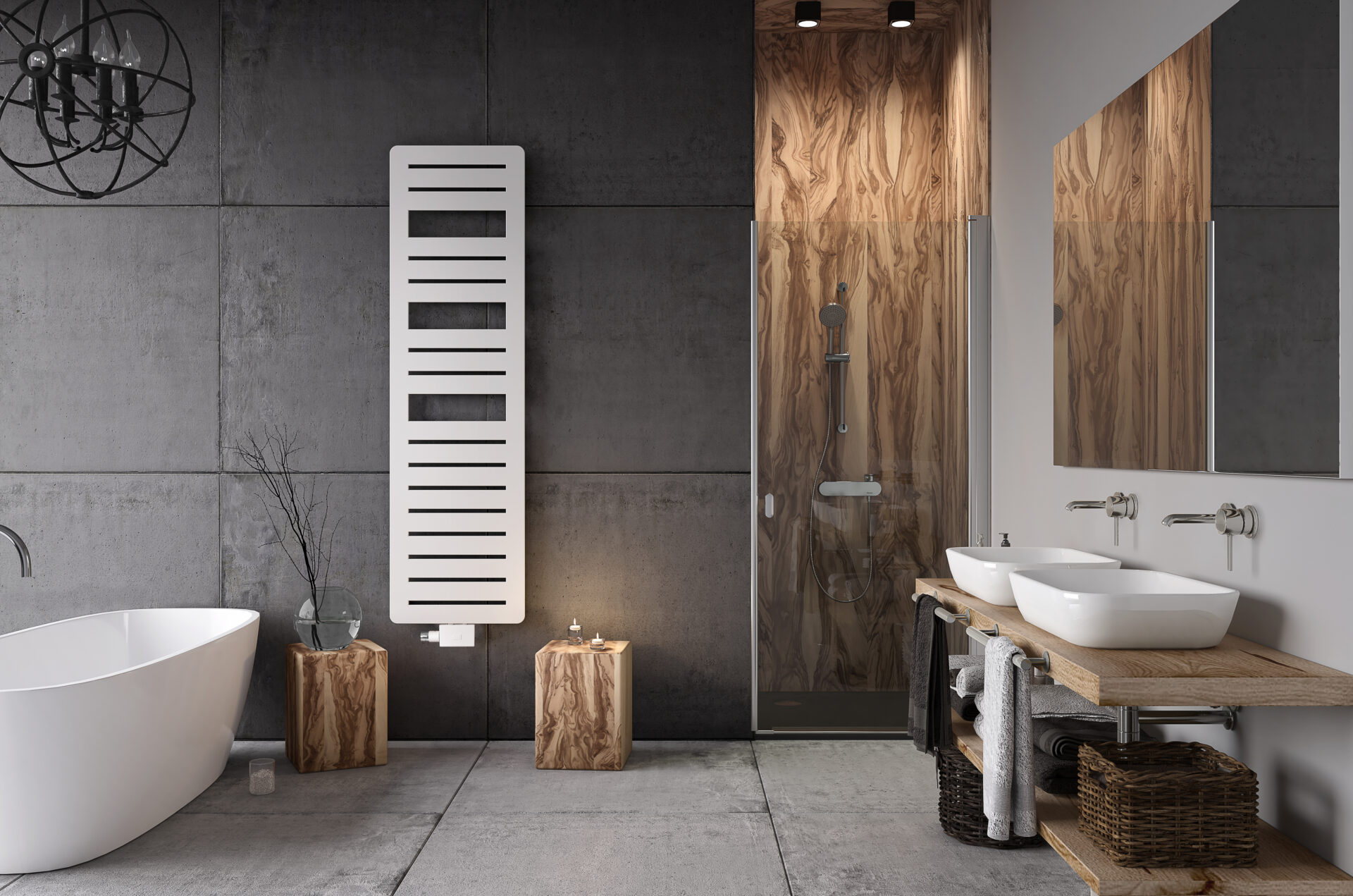 Ausstellung eines Bades - eine freistehende Badewanne, Heizkörper für Handtücher und Waschtisch mit Spiegel