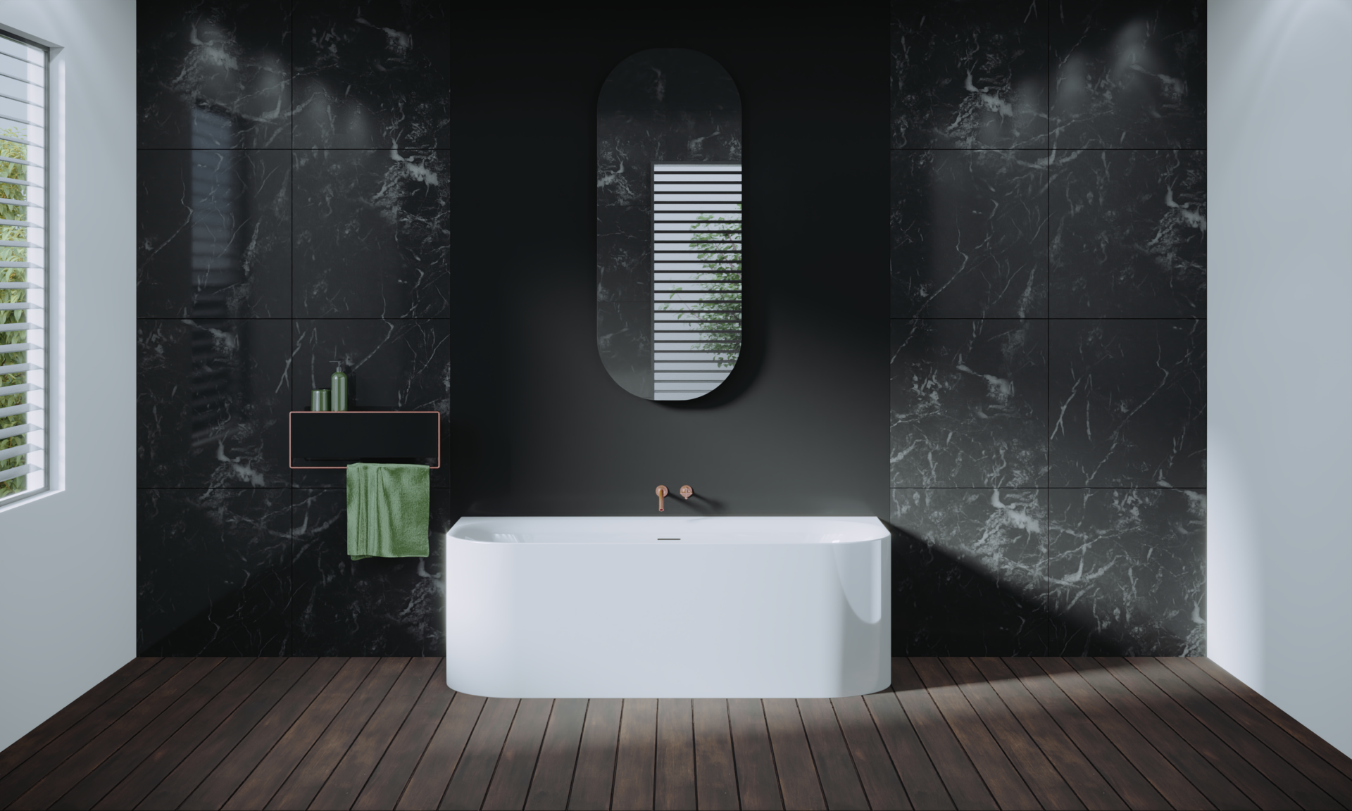 Moderne weiße Badewanne vor einer Wand aus dunklen Steinfliesen