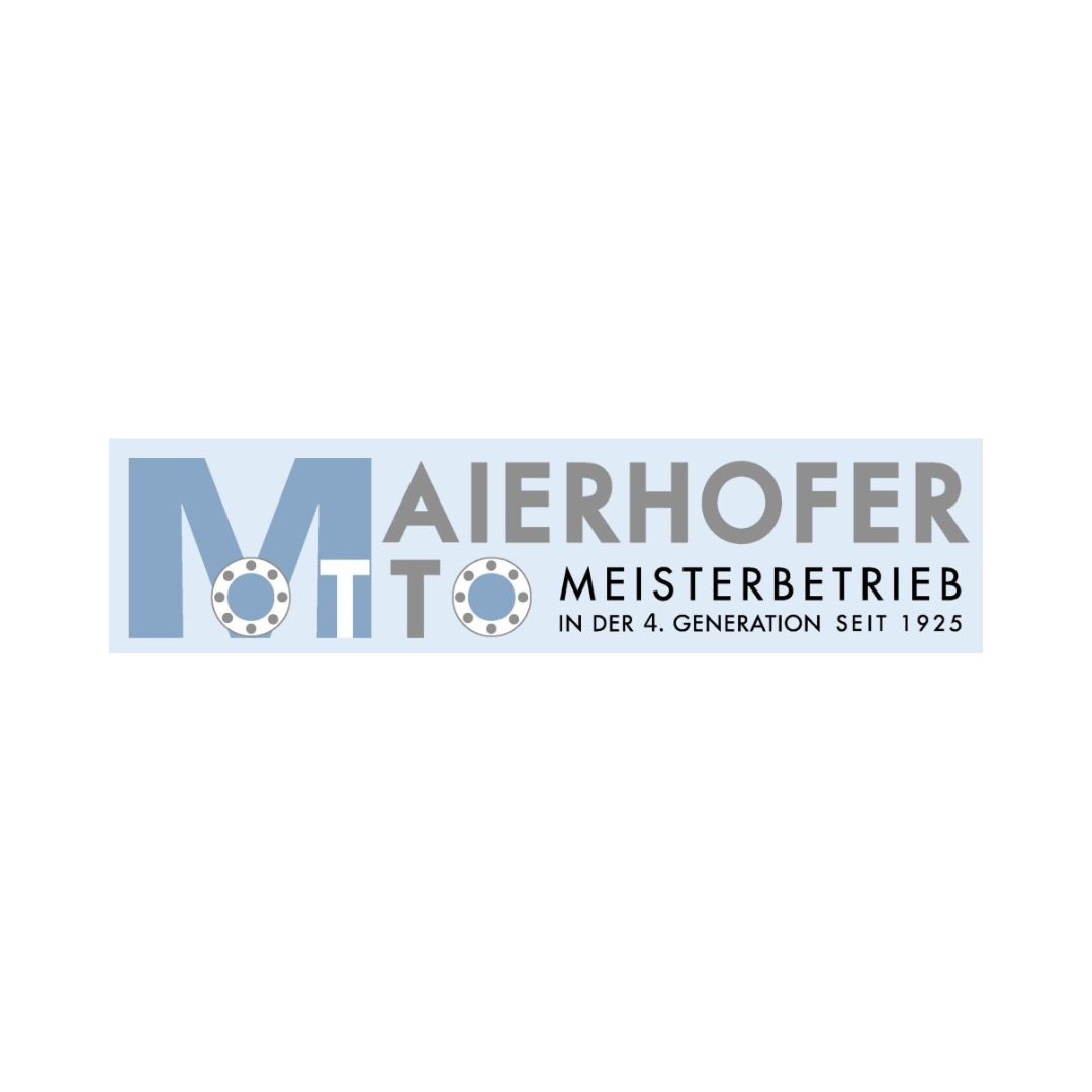 Das Bild zeigt das Logo des Meisterbetriebes Maierhofer. Das Logo ist in den Farben hellblau und grau gehalten auf einem hellblauen Hintergrund.