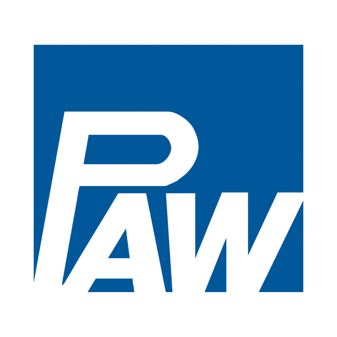 Das Bild zeigt das Logo des Herstellers PAW der für Heiztechnik, Frischwassertechnik und Solarthermie bekannt. Der Hintergrund des Logos ist blau und die Schrift weiß.